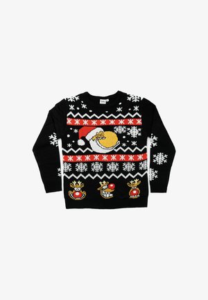 Maglione nero lavorato a maglia con motivi festivi, raffigurante Babbo Natale, renne e fiocchi di neve in rosso, bianco e giallo. Collo rotondo, maniche lunghe.