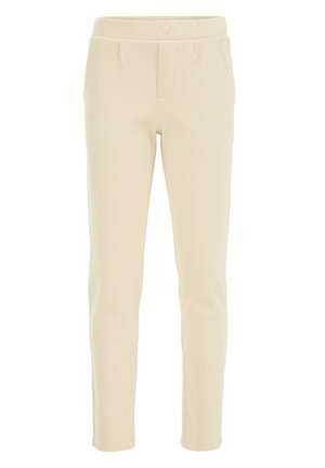 Hochwertige, cremefarbene Slim-Fit-Hose mit Seitentaschen und verdecktem Frontverschluss aus strukturiertem Stoff.