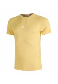 Gele korte mouwen t-shirt van katoen, met een ronde halslijn en een klein wit logo op de borst. Gladde textuur en eenvoudig ontwerp.