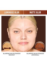 Blurring Balm Powder i strålende (venstre) har en lett, lysende finish; Universal (høyre) har et matt, jevnt utseende. Kompaktverktøy vist nedenfor.