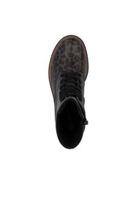Bottines en cuir noir avec un motif léopard, bout rond, lacets à l'avant et fermeture éclair sur le côté ; finition texturée et semelle en caoutchouc.