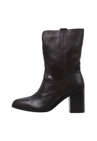 Brown leather ankle boot with a square toe, high block heel, and stitched detailing on the side, featuring a pull tab for easier wear.
