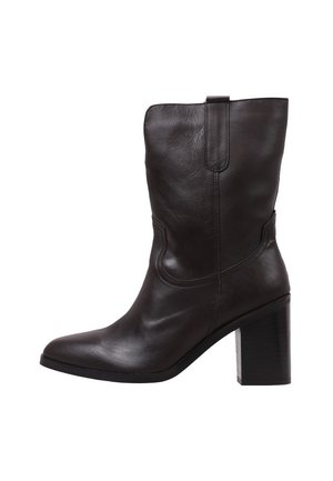 Brown leather ankle boot with a square toe, high block heel, and stitched detailing on the side, featuring a pull tab for easier wear.
