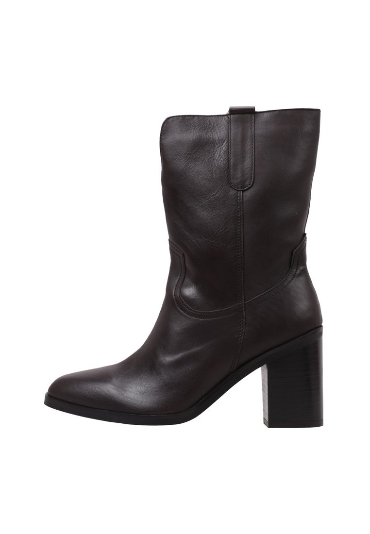 Brown leather ankle boot with a square toe, high block heel, and stitched detailing on the side, featuring a pull tab for easier wear.