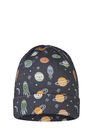 Dark blue children’s beanie hat with colorful smiling planets, rockets, and stars printed in a space theme pattern.