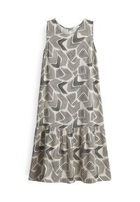 Sleeveless dress made of lightweight fabric, featuring a cream background with black wavy patterns and a ruffled hem for added texture.