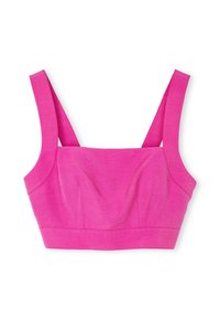 Pink cropped bralette featuring wide straps and a textured finish, with a fitted bodice and subtle seam detailing for shape.