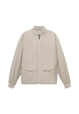 Beige bomber jacket with a zip front, stand-up collar, elasticized cuffs, and two large front pockets. Smooth, lightweight fabric.
