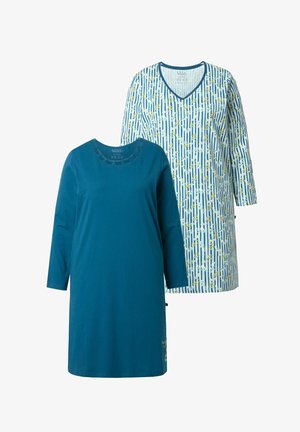 Due abiti a maniche lunghe, uno di un solido color teal con scollatura tonda e l'altro floreale con strisce verticali blu e scollatura a V.
