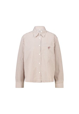 Overhemd met lange mouwen en knopen, beige en bruin ruitpatroon en klein geborduurd logo op het linker borstzakje.
