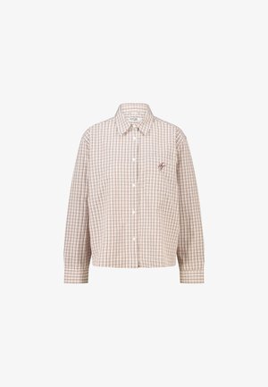 Overhemd met lange mouwen en knopen, beige en bruin ruitpatroon en klein geborduurd logo op het linker borstzakje.