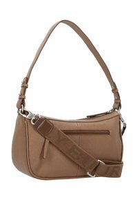Borsa a tracolla in pelle marrone con finitura testurizzata, tracolla regolabile, chiusura a zip e tasca esterna con hardware in argento.
