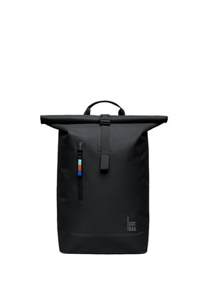 Black roll-top backpack with front vertical zipper pocket and colored zipper pull, "GOT BAG" logo at bottom right.