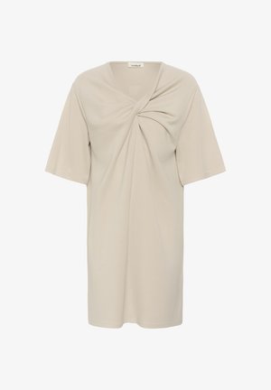 Bež haljina kratkih rukava s detaljem uvrnute čvorove na prsima i Ovratnikom u obliku slova V.
