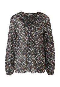 Blouse noire à manches longues avec un motif quadrillé abstrait multicolore, encolure en V et tissu légèrement froncé à l'avant.