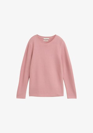Lichtroze langemouwen ribgebreide trui met een ronde halslijn, gemaakt van biologisch katoen.