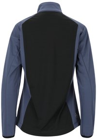 Veste softshell avec un dos noir et des manches bleues. Col haut avec une texture lisse et des coutures plates. Design léger et respirant.