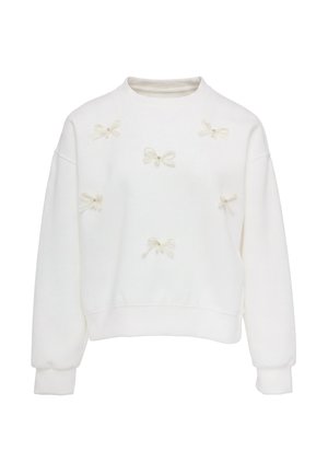 Witte trui met lange mouwen, ronde hals en zes kleine decoratieve strikjes met parelcentra aan de voorkant.