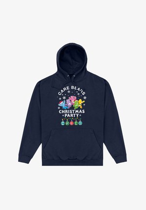 Granatowa bluza z kapturem z grafiką przedstawiającą Miśki Care z napisem "Świąteczna Impreza Radość" oraz szczegółami ornamentów w kolorowych odcieniach.