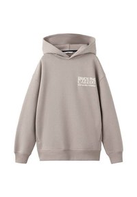 Felpa grigia con cappuccio e maniche lunghe, polsini e orlo a costine, presenta una scritta grafica bianca sulla parte anteriore. Materiale morbido in misto cotone.