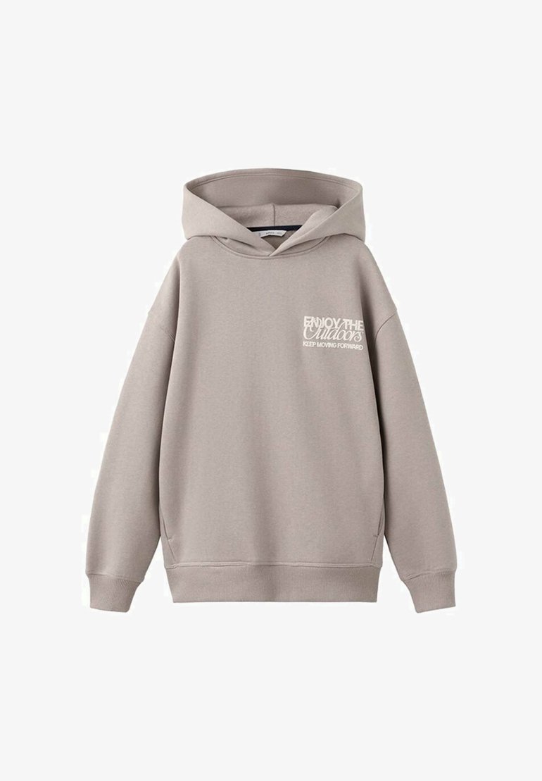 Šedá mikina s kapucí a dlouhými rukávy, s žebrovanými manžetami a lemem, na přední straně má bílý grafický text. Měkký materiál z bavlněné směsi.