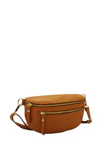 Sac bandoulière en cuir marron avec une surface texturée, deux compartiments zippés, des accents en métal doré et une sangle ajustable.