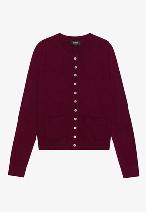 Burgundy cardigan made of soft knit fabric, featuring a round neck, button front, and two front pockets. Silver buttons add detail.