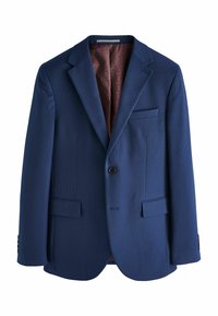 Marineblaues Blazer aus strukturiertem Stoff, mit Reverskragen, Ein-Knopf-Verschluss und zwei Fronttaschen. Innenfutter ist burgunderrot.