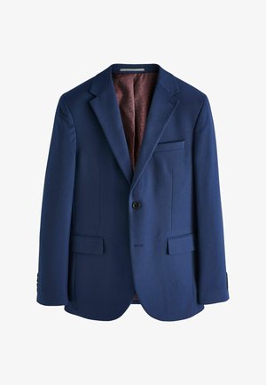 Marineblauwe blazer van gestructureerde stof, met een notch-lapels, een enkele knoopsluiting en twee voorkruim pockets. De binnenkant is bordeauxrood.