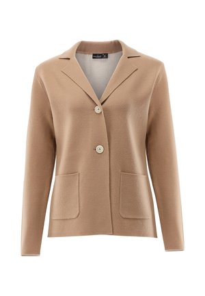 Blazer beige con colletto a rever, due tasche frontali e due bottoni. Materiale morbido con una texture liscia e design su misura.