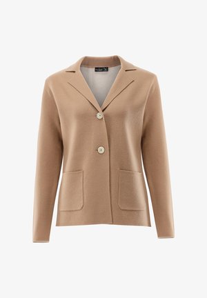 Beigefarbenes Blazer mit einem Reverskragen, zwei Fronttaschen und zwei Knöpfen. Weiches Material mit glatter Textur und tailliertem Design.