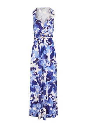 Robe longue sans manches avec imprimé floral bleu et blanc, encolure en V et ceinture à la taille avec détail de boucle dorée.