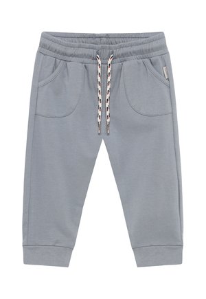 Lichtblauwe peutersweatpants met elastische taille, patroonkoord, voorzakken en omgeslagen enkels.