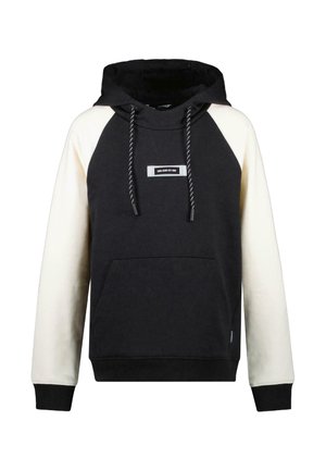 Zwart en crèmekleurige hoodie in twee tinten met raglanmouwen, verstelbare trekkoordkap, voorzak met kenguru-design en logo-label op de borst.