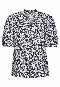 Blouse bleu marine à motif floral blanc, avec un col en V et des manches courtes bouffantes. Tissu doux avec une finition texturée.