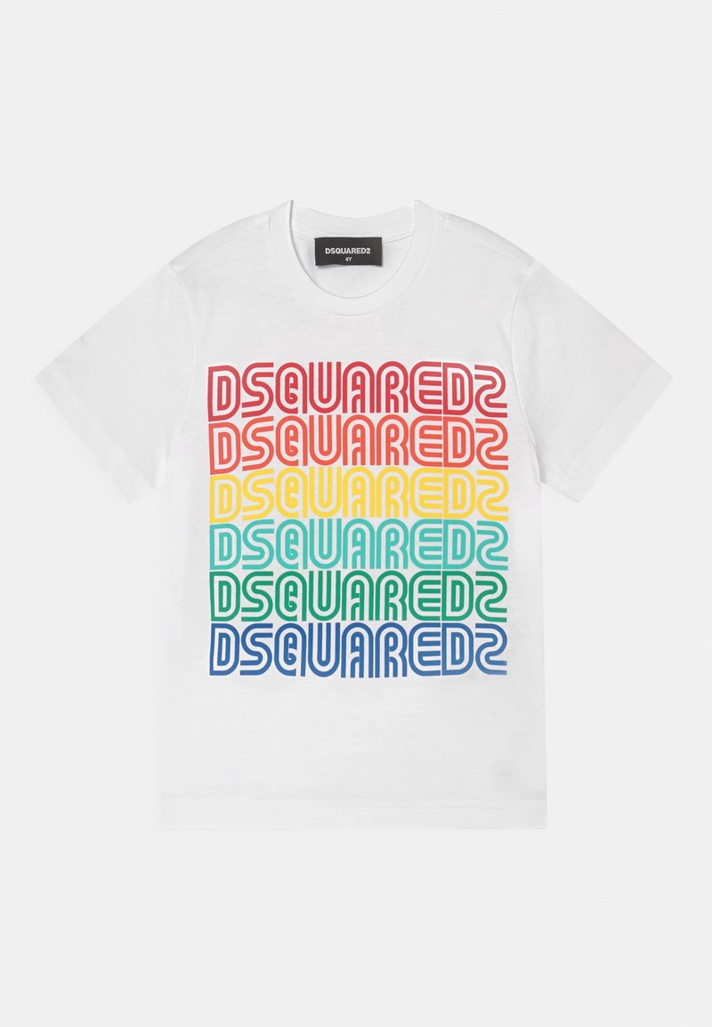 T-shirt blanc à manches courtes avec le mot « DSQUARED2 » répété six fois en rouge, orange, jaune, sarcelle, vert et bleu sur le devant.