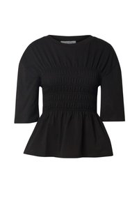 Zwarte katoenen peplumtop met een smock-bodice, korte mouwen en een ronde hals. Zachte textuur, aansluitende taille en uitlopende zoom.