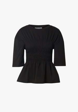 Schwarzes Baumwoll-Peplum-Top mit einem gerafften Oberteil, kurzen Ärmeln und runder Ausschnitten. Weicher Stoff, taillierter Bund und ausgestellter Saum.