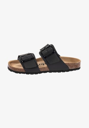 Sandale noire à deux brides avec boucles réglables, semelle en liège et semelle en caoutchouc texturée. Design simple, léger, profil plat.