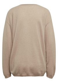 Beige gestrickter Pullover, oversized Passform, runder Ausschnitt, fallende Schultern, gerippte Bündchen und Saum, glatte Textur, nahtloses Rückendesign.