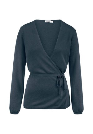 Donkergrijze wikkelsweater van zacht materiaal, met een diepe V-hals, lange mouwen en een strik taille voor een verstelbare pasvorm.
