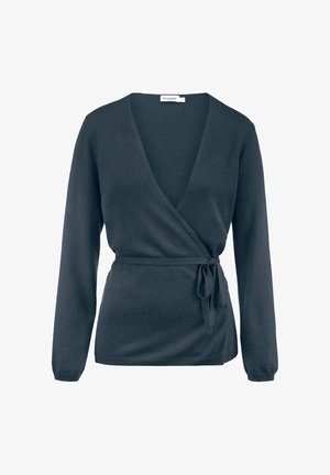 Donkergrijze wikkelsweater van zacht materiaal, met een diepe V-hals, lange mouwen en een strik taille voor een verstelbare pasvorm.