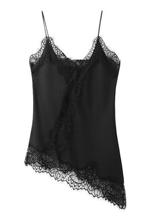Czarny bezrękawnik z koronkowymi wykończeniami na dekolcie, dole i przodzie, z cienkimi ramiączkami na ramiona oraz asymetrycznym dołem wykończonym koronką.