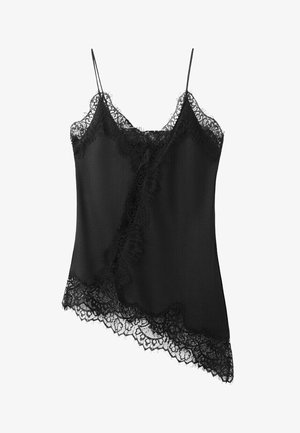 Czarny bezrękawnik z koronkowymi wykończeniami na dekolcie, dole i przodzie, z cienkimi ramiączkami na ramiona oraz asymetrycznym dołem wykończonym koronką.
