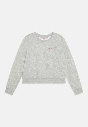 Sweat-shirt gris clair à manches longues col rond, petit texte « ONLY » brodé sur la poitrine gauche, poignets et ourlet côtelés.