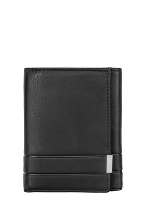 Czarny skórzany portfel o eleganckim designie, prostokątnym kształcie, z dwiema poziomymi paskami akcentującymi oraz małą metką z logo z boku.