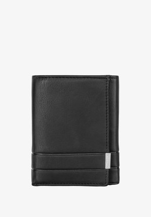 Czarny skórzany portfel o eleganckim designie, prostokątnym kształcie, z dwiema poziomymi paskami akcentującymi oraz małą metką z logo z boku.
