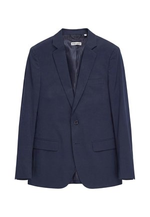 Blazer azul marino para hombre de un solo pecho con solapas con muesca, cierre de un botón, dos bolsillos frontales con solapa y un bolsillo de ojal en el pecho.