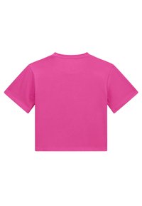 Tricou scurt, cu mânecă scurtă, din bumbac roz vibrant, cu guler rotund și textură fină, având un design simplu pe spate.