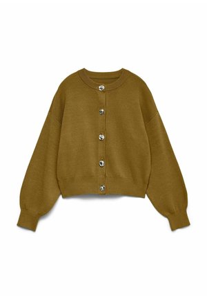 Cardigan corto color caqui con mangas largas abullonadas, cuello redondo y grandes botones metálicos en la parte delantera. Textura suave.